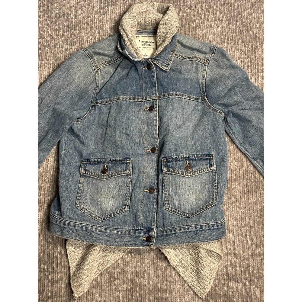 Y2K Abercrombie Fitch Womens L Denim Jacket Knit Waterfall Scarf Collar Blue